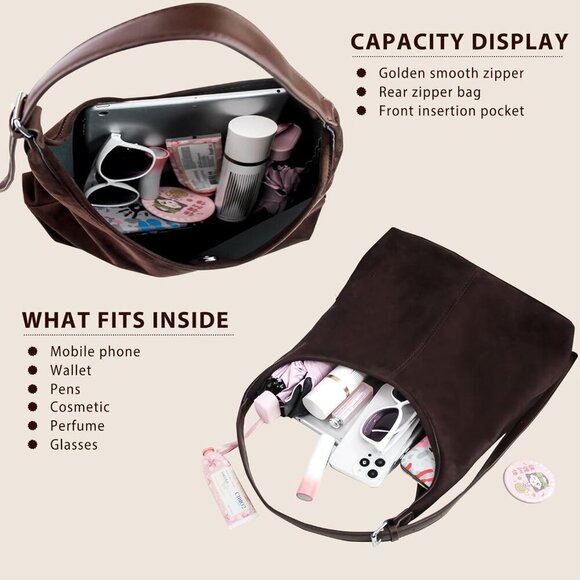 Brown Suede Tote Bag Women Large Capacity Adjustable Strap Crossbody - Picture 4 of 6